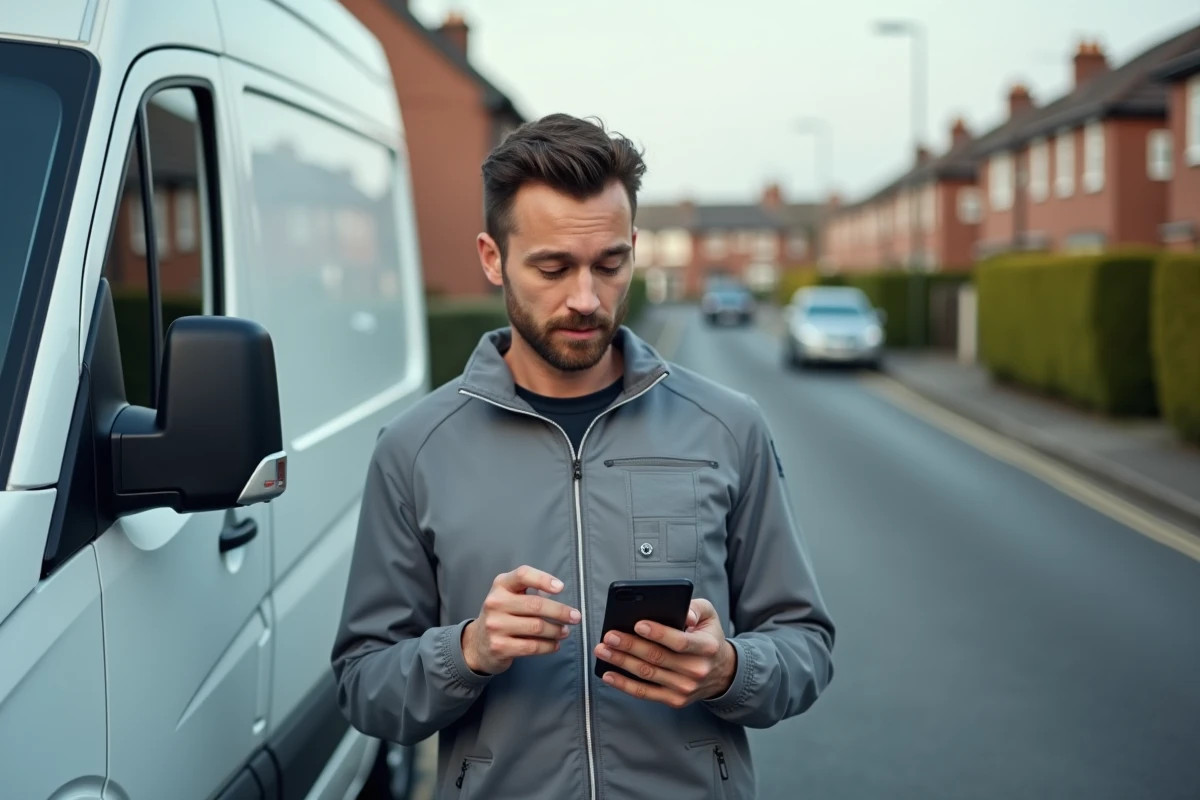 Technicien de services à domicile consultant l'application LogisFil fr sur smartphone devant son véhicule de service