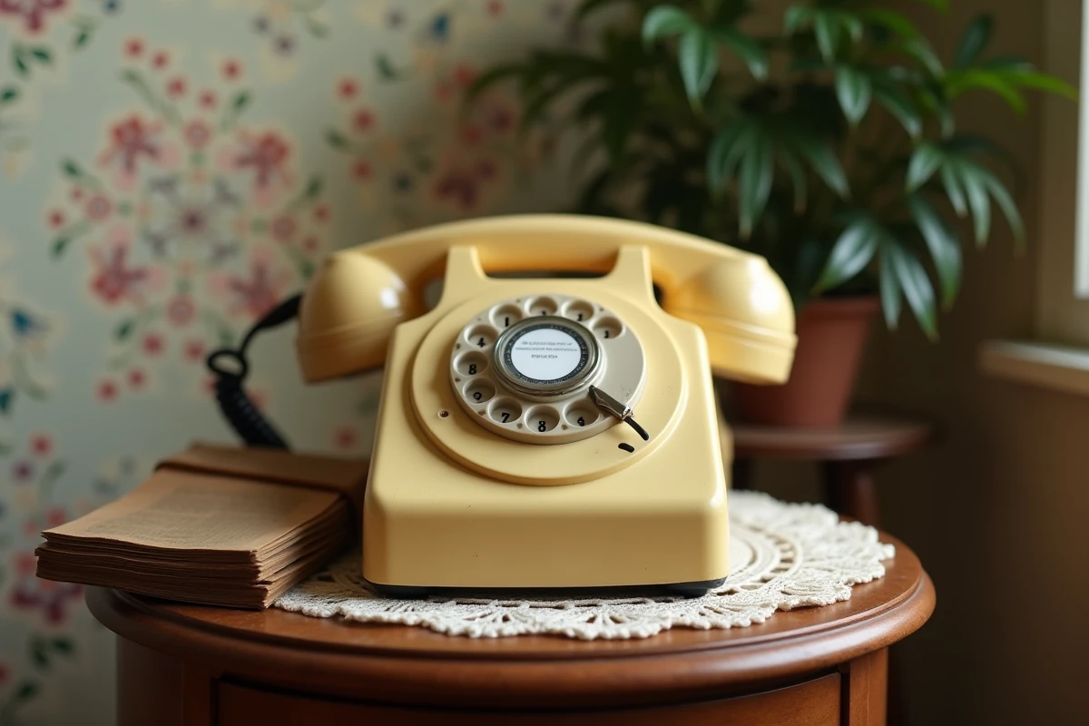 Téléphone fixe à cadran rotatif vintage posé sur une table en bois dans un salon français traditionnel