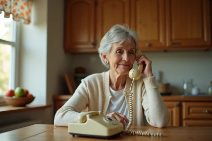 Femme âgée utilisant un téléphone fixe filaire classique dans une cuisine traditionnelle française