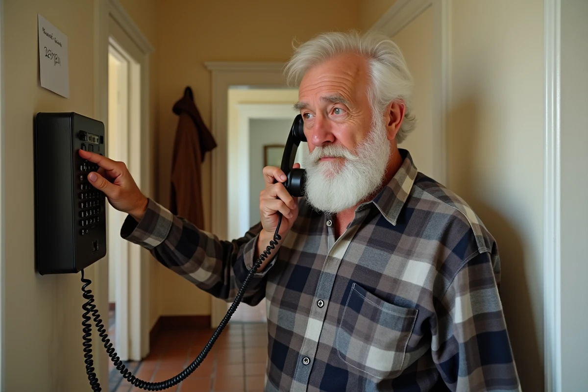 Homme senior utilisant un téléphone fixe mural filaire dans un couloir de maison française