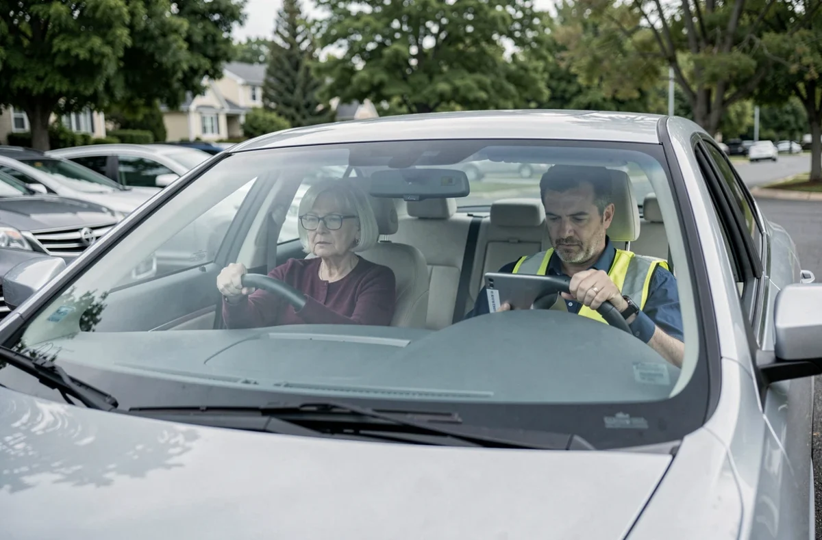 Une femme senior de plus de 70 ans effectuant un test de conduite pratique pour le renouvellement de son permis de conduire