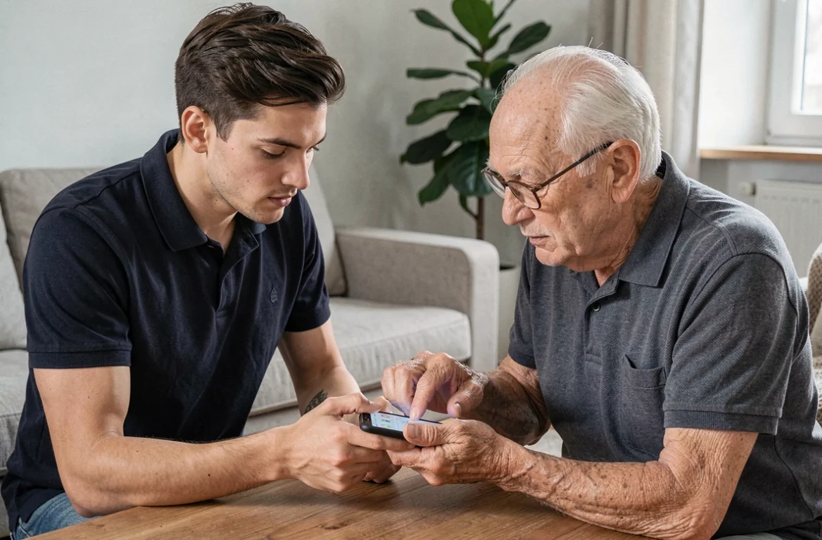 Intervenant TILT Services aidant un senior à utiliser un smartphone à son domicile dans le Val-d'Oise