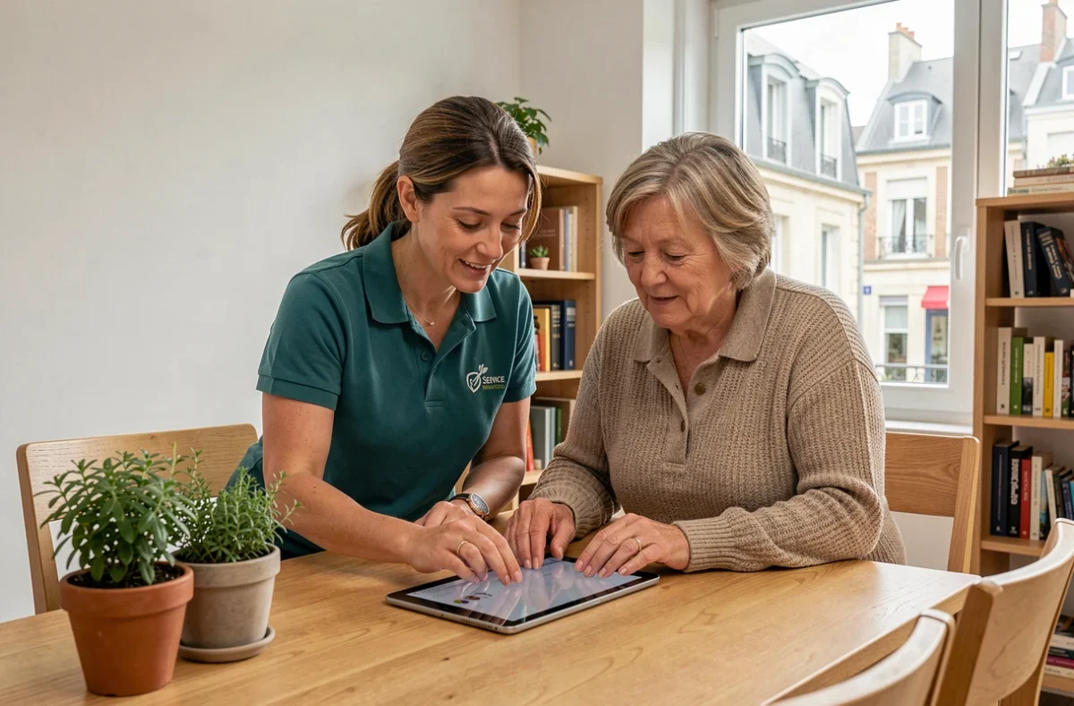 Une employée de Vitame / Le Clos Saint-Louis aidant une femme à utiliser une tablette dans un appartement moderne d'Évreux, représentant les services à la personne polyvalents.