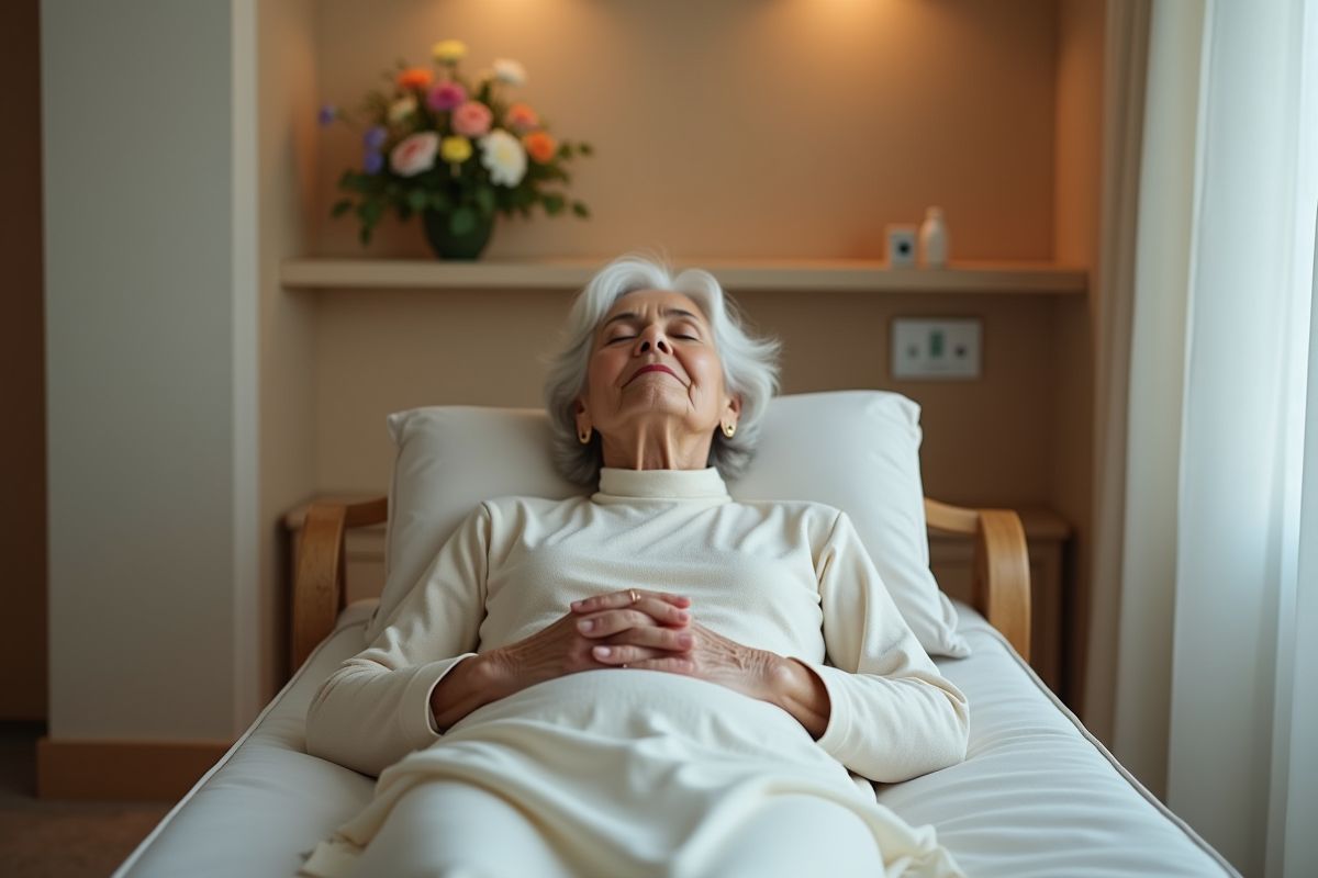 Femme âgée repose paisiblement sur une table dans une salle calme